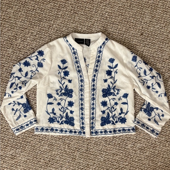 Liv Los Angeles Jackets & Blazers - Floral Embroidered White and Blue Women's Blazer- Liv Los Angeles- M